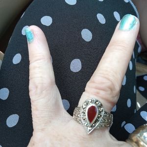 Vintage Carnelian pear shape nset stone withh marcasite engagement ring Size 7